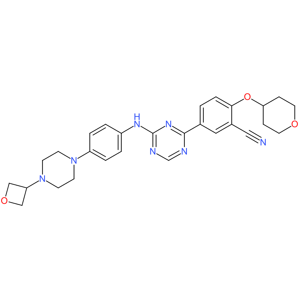 2-(Oxan-4-yloxy)-5-[4-[4-[4-(oxetan-3-yl)piperazin-1-yl]anilino]-1,3,5-triazin-2-yl]benzonitrile