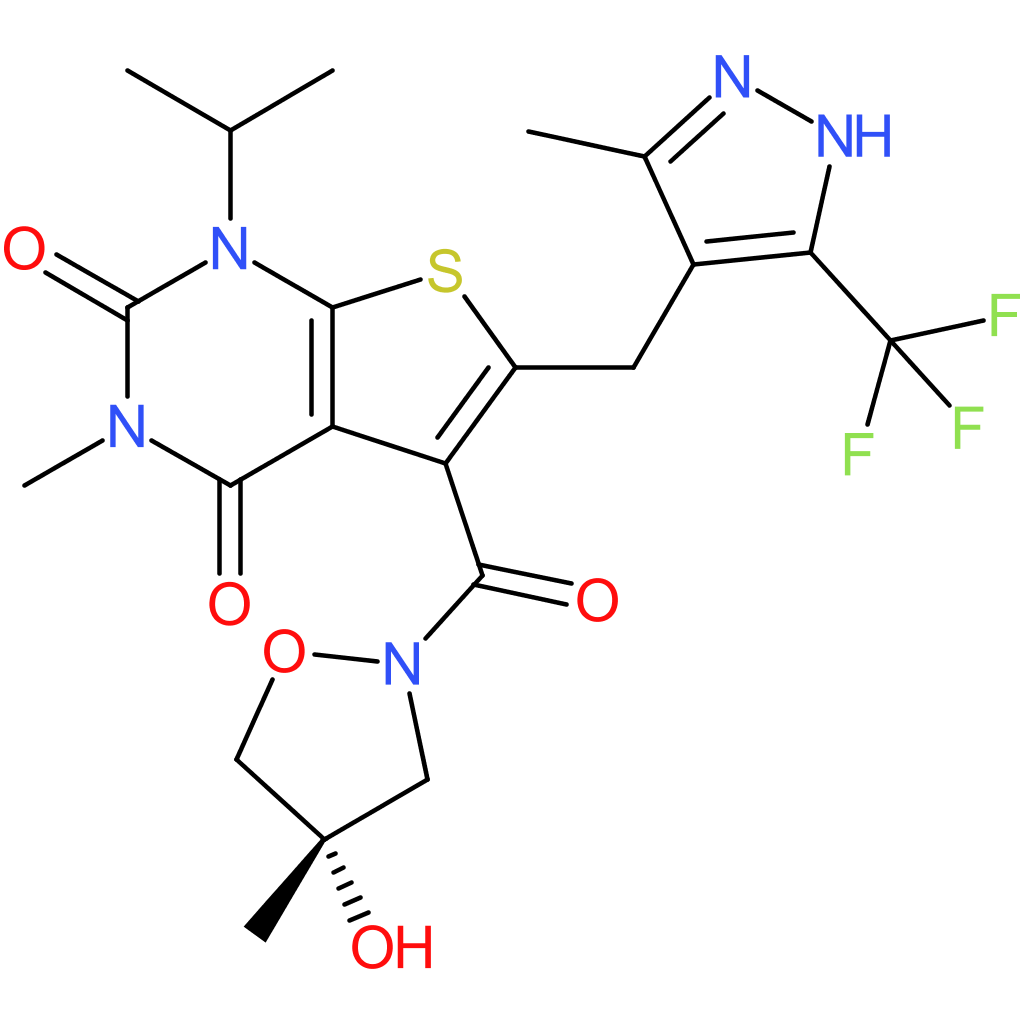 (S)-5-(4-Hydroxy-4-methylisoxazolidine-2-carbonyl)-1-isopropyl-3-methyl-6-((3-methyl-5-(trifluoromethyl)-1H-pyrazol-4-yl)methyl)thieno[2,3-d]pyrimidine-2,4(1H,3H)-dione