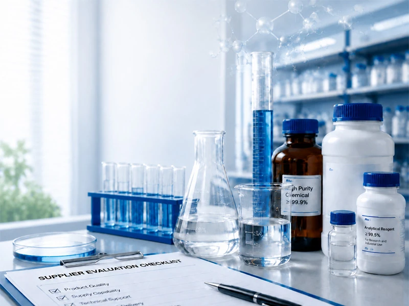 Supplier evaluation checklist on a clipboard next to high-purity chemical reagent bottles and laboratory glassware